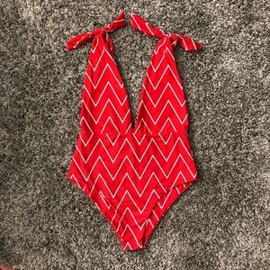Tie Shoulder Chevron One Piece Swimsuit